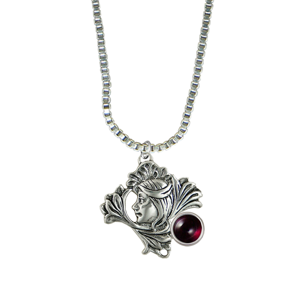 Sterling Silver Woman Maiden of the Lotus Flower Pendant Necklace With Garnet